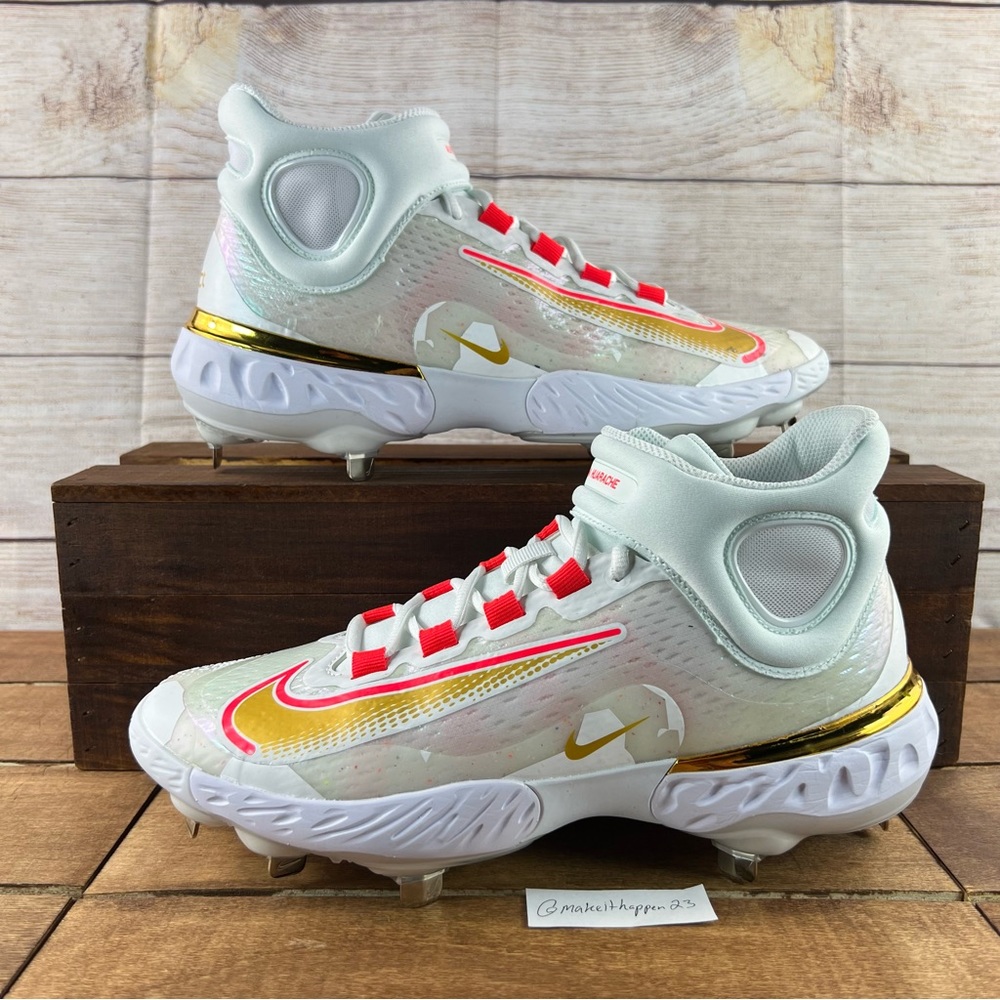 Nike Alpha Huarache Elite 4 Metal Cleats White Gold Red